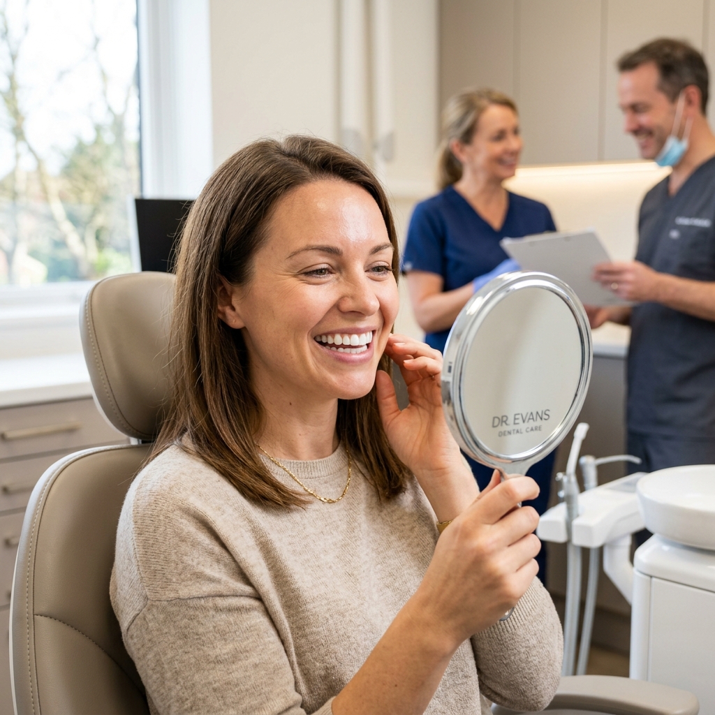 Patient admiring new porcelain veneers in hand mirror