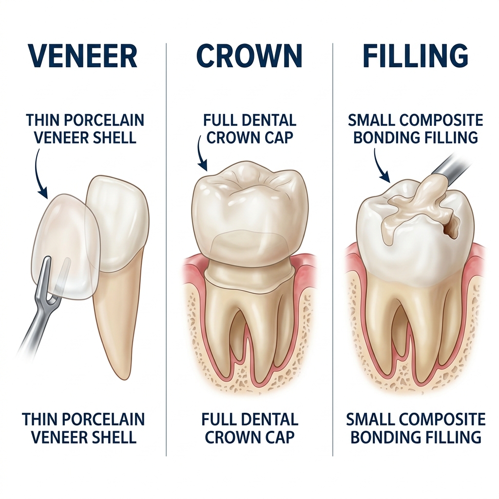 Visual comparison of veneer crown and bonding dental restorations