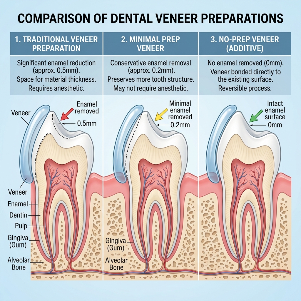 Cross-section diagram showing prep vs no-prep veneer thickness
