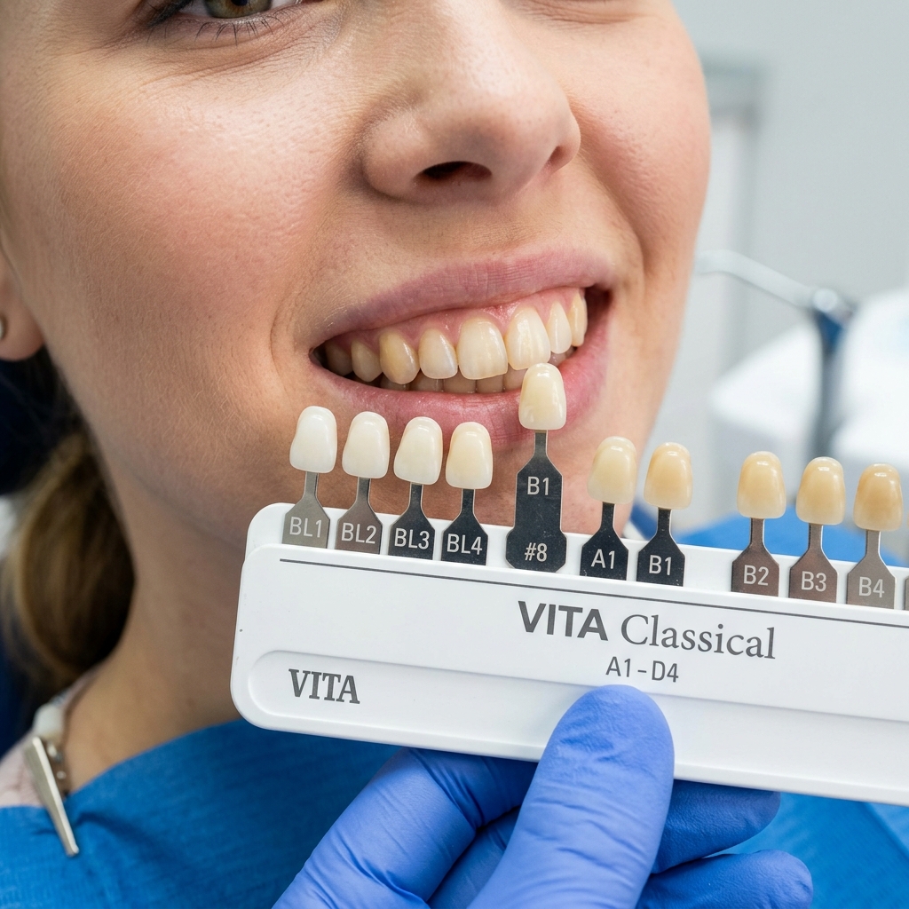 VITA shade guide held next to patient teeth for colour matching