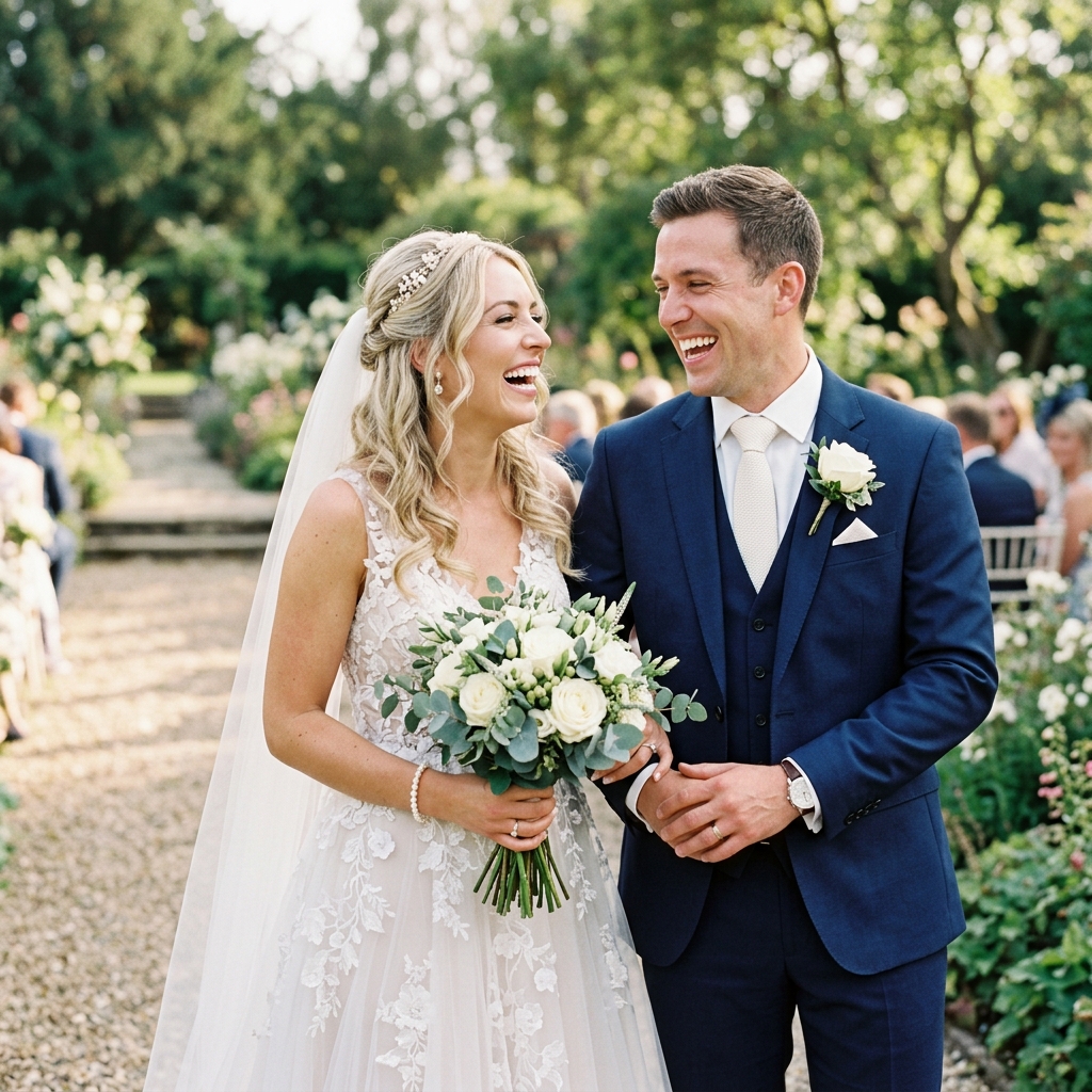 Happy couple with perfect white smiles on their wedding day