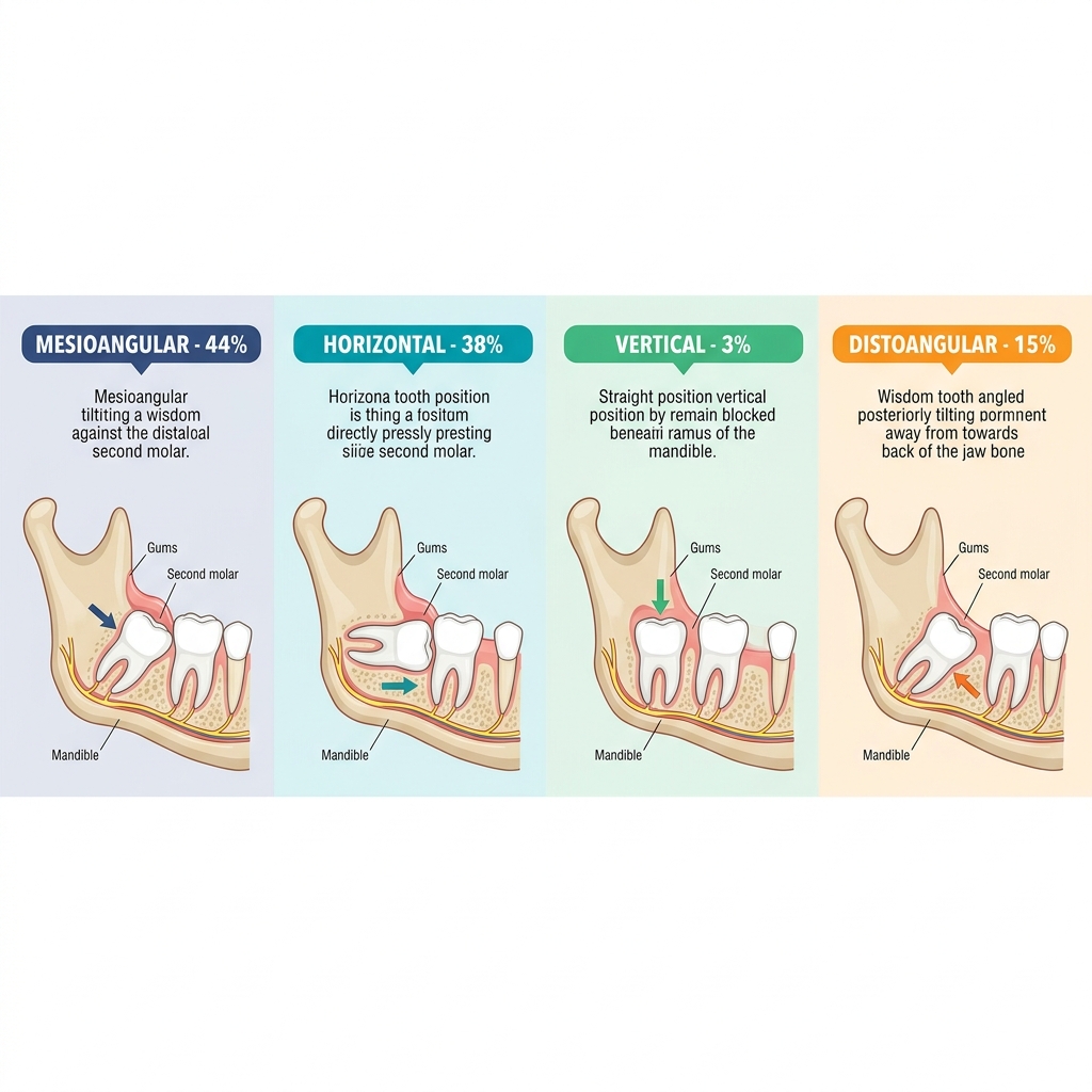 Infographic illustrating the 4 major classes of wisdom tooth impaction: mesioangular, horizontal, vertical, and distoangular