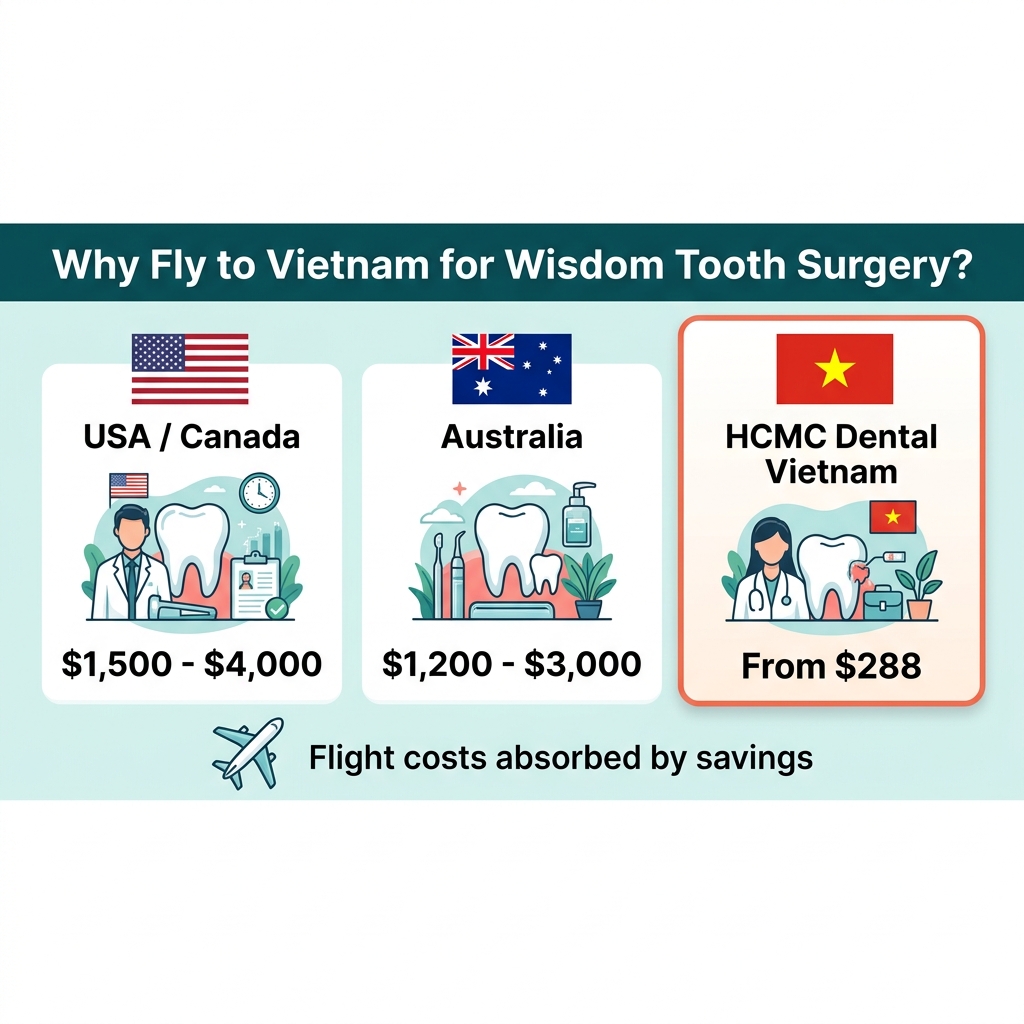 Infographic comparing wisdom tooth cost in Australia and USA vs HCMC Dental Vietnam including travel costs