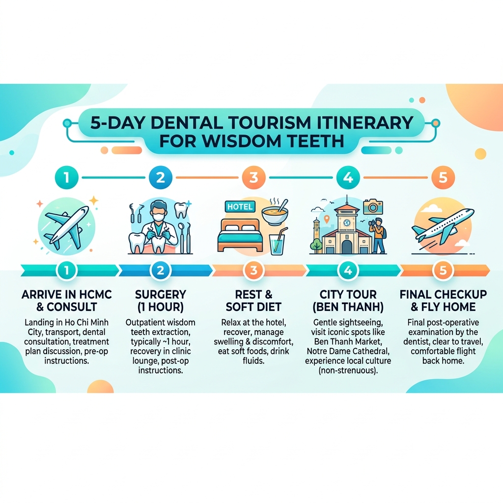 Travel timeline for removing all 4 wisdom teeth on a 5-day vacation in Vietnam