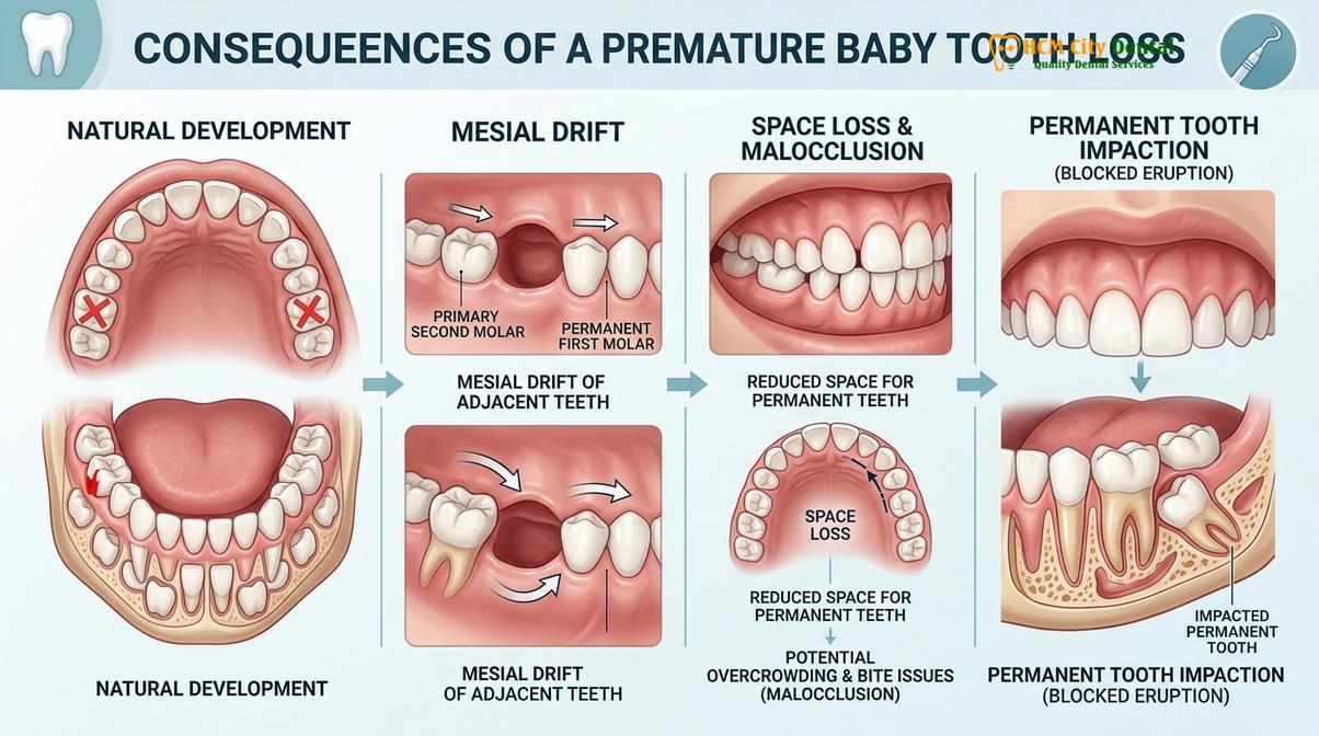 Visual description of baby tooth extraction space maintainer