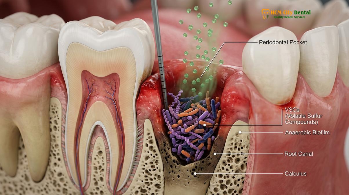 Visual illustration of bad breath gum disease