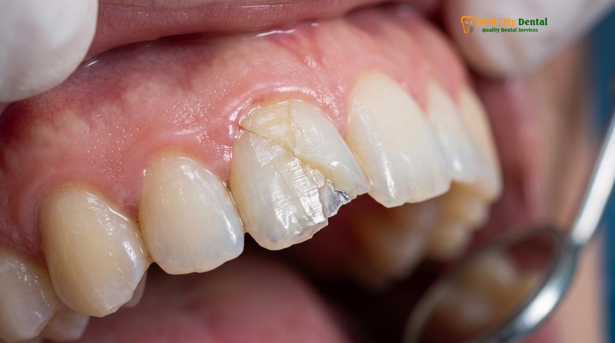 Clinical illustration of broken crown tooth
