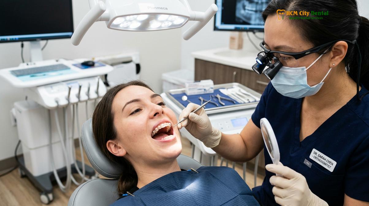 Clinical illustration of ceramic braces vs metal braces aesthetics