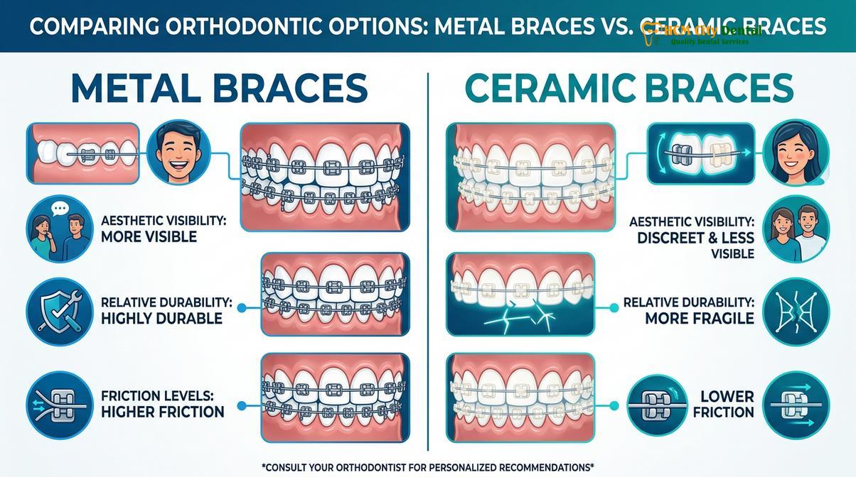 Summary diagram of ceramic braces vs metal braces aesthetics
