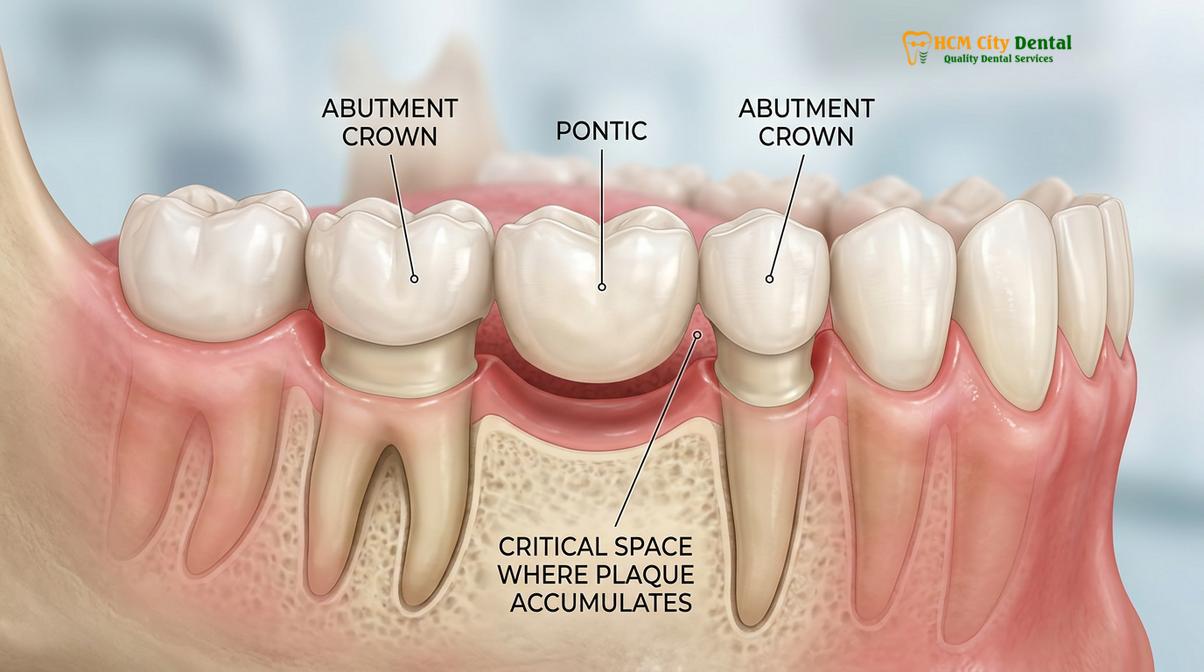 Clinical photography related to how to clean under dental bridge