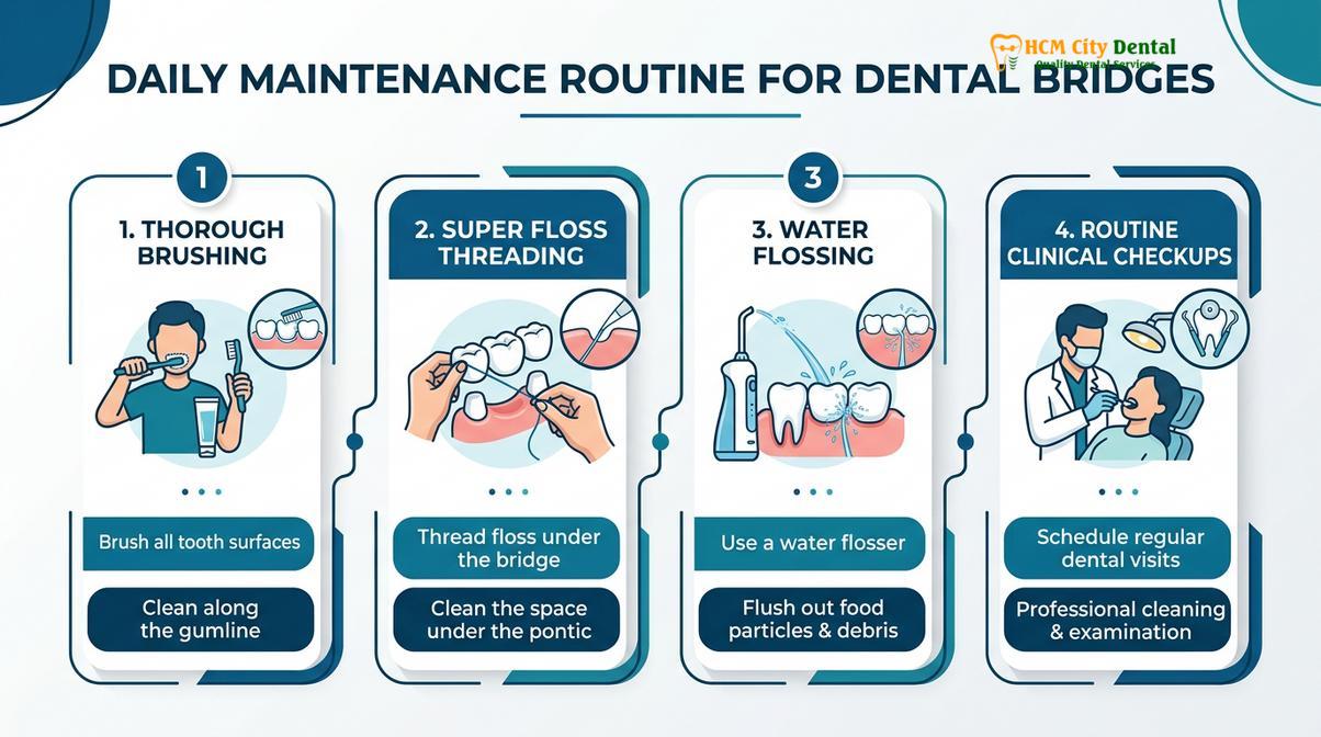 Summary diagram of how to clean under dental bridge