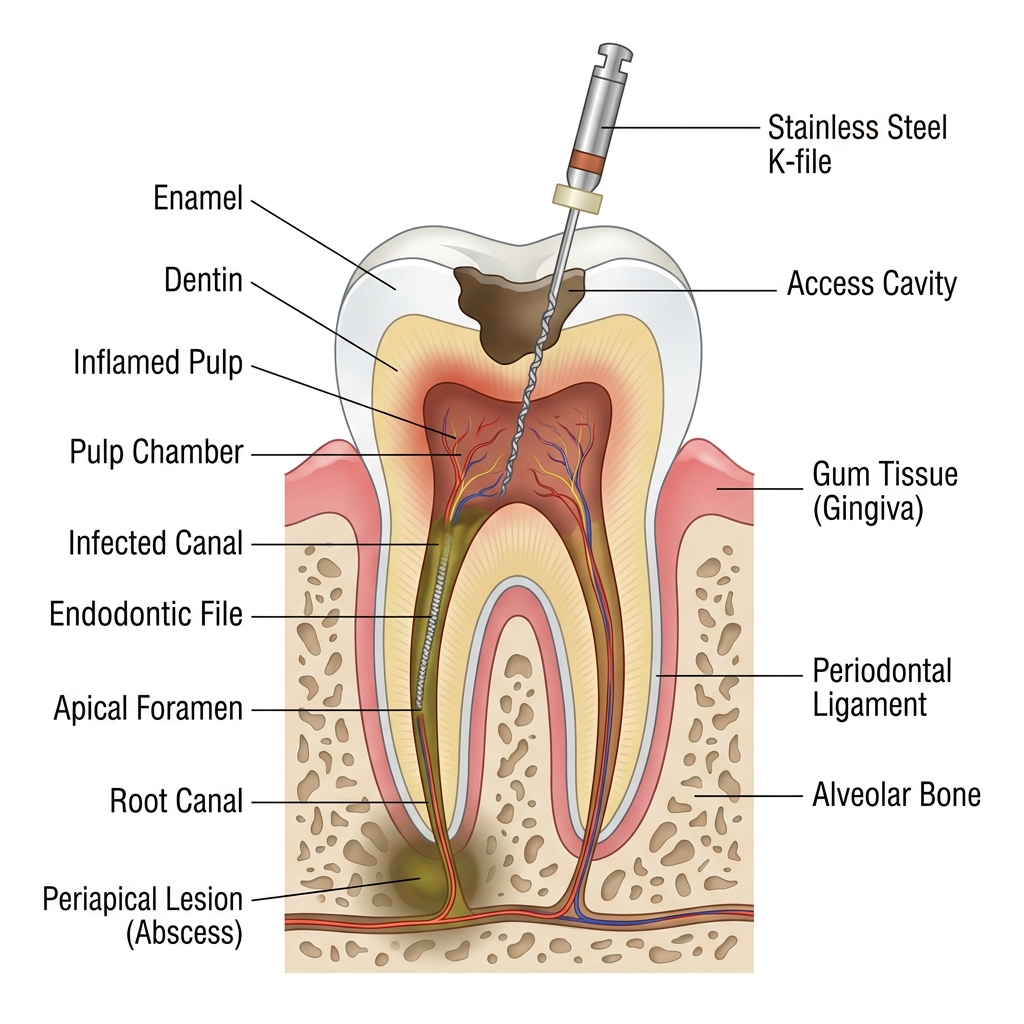 Cross section of a tooth showing an infected pulp chamber being cleaned