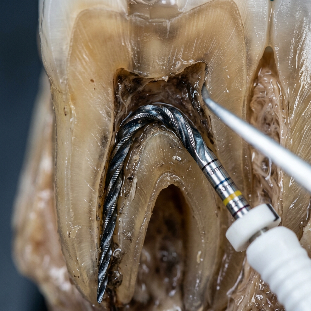 Close up of a flexible nickel-titanium rotary file cleaning a curved root canal