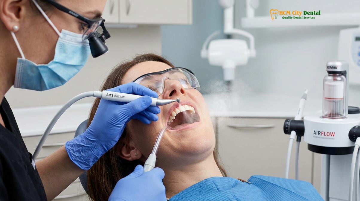 Visual description of cosmetic teeth cleaning coffee stains removal