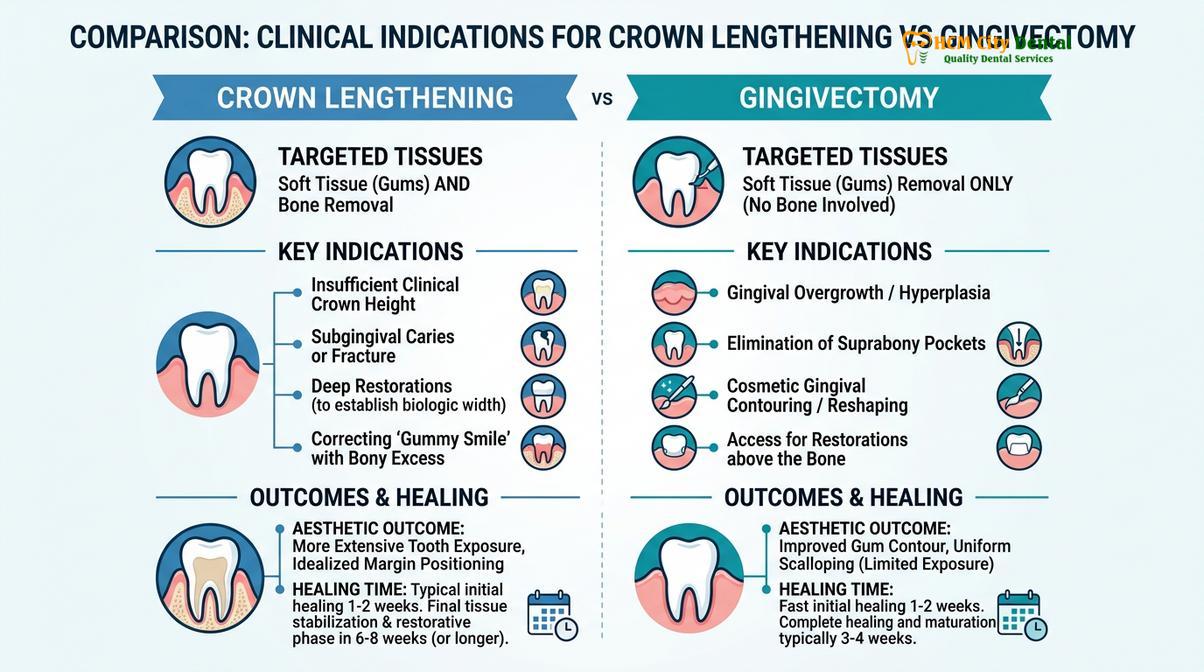 Summary diagram of Crown Lengthening vs Gingivectomy
