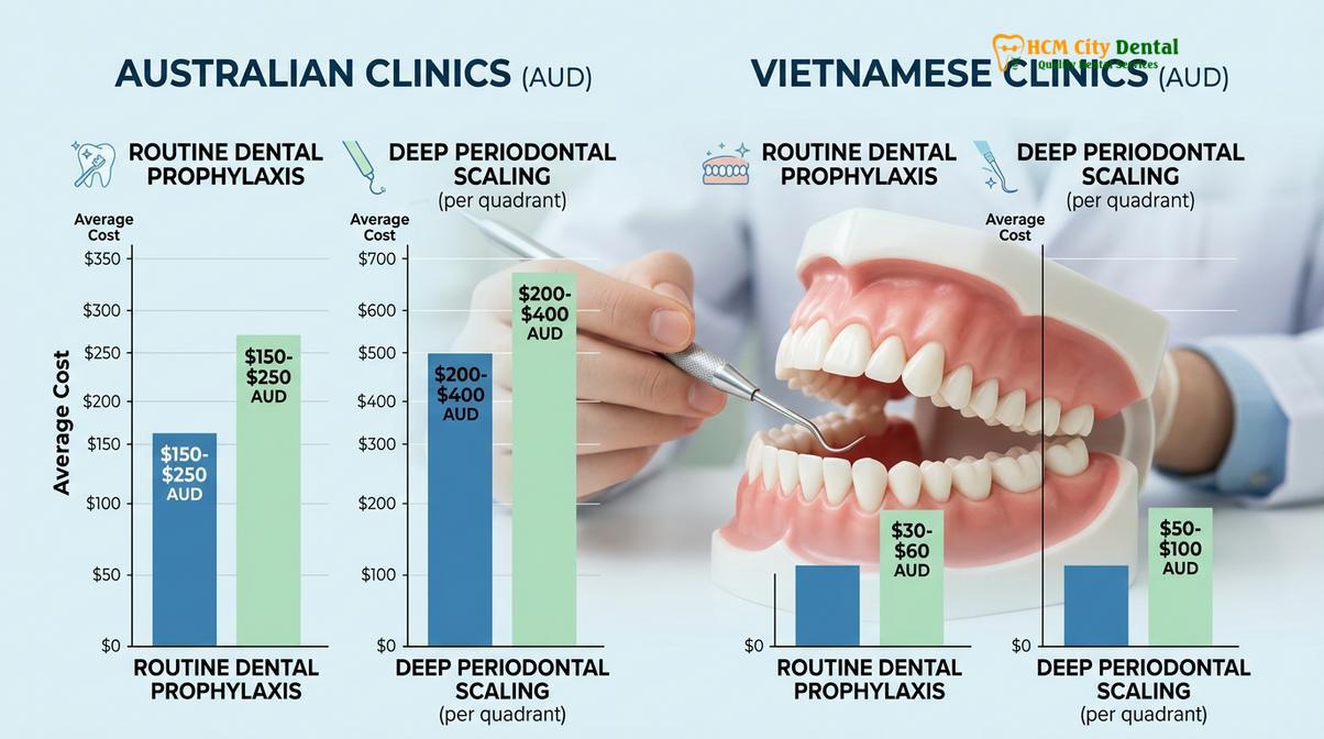 Visual illustration of Dental Cleaning Cost Vietnam vs Australia