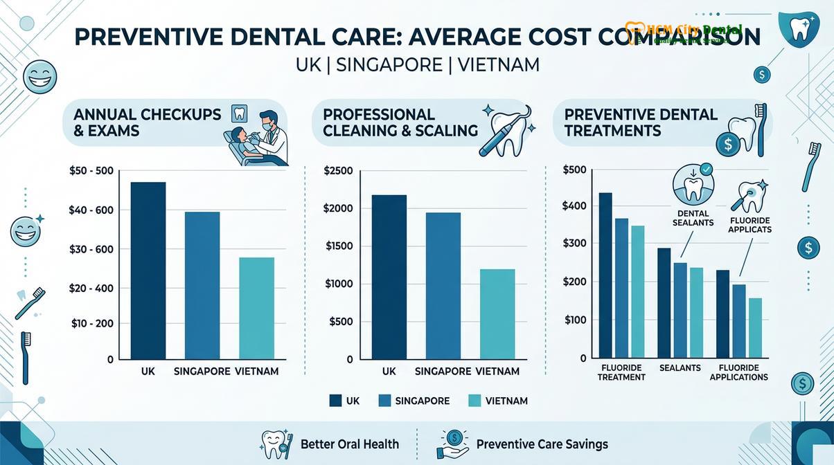 Summary diagram of Dental Cleaning Cost Vietnam vs UK Singapore