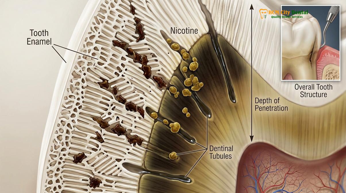 Clinical illustration of dental cleaning smokers tobacco stains