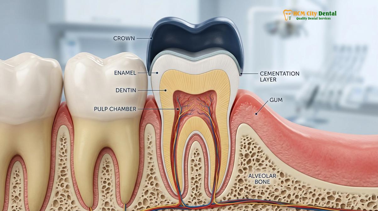 Visual illustration of tooth crown pain chewing sensitivity