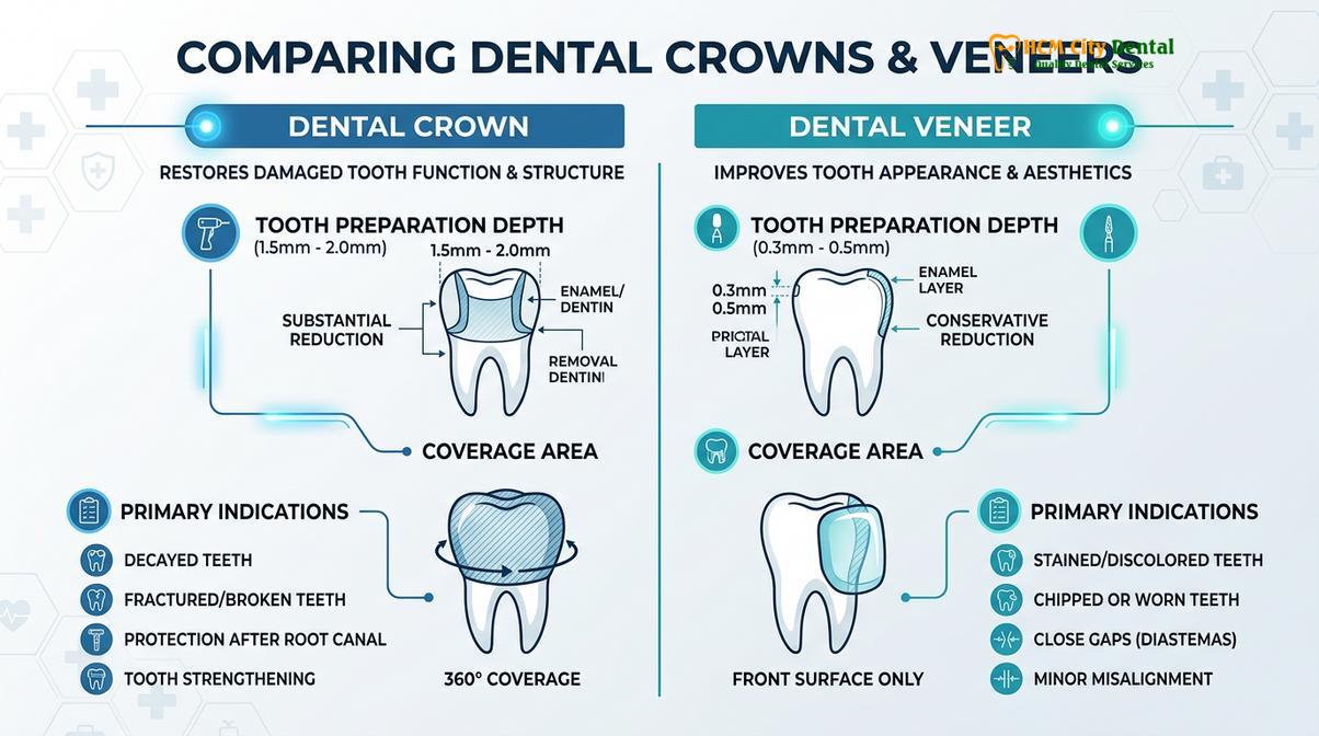 Summary diagram of dental crown vs veneer