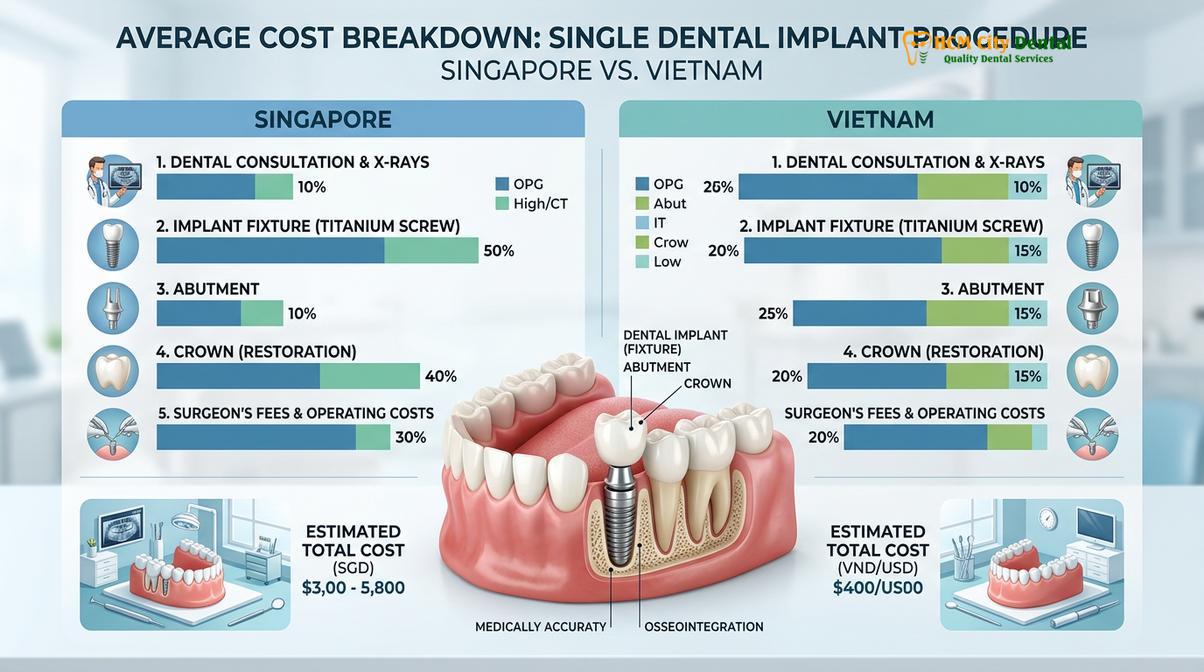 Clinical photography related to dental implant cost Vietnam vs Singapore