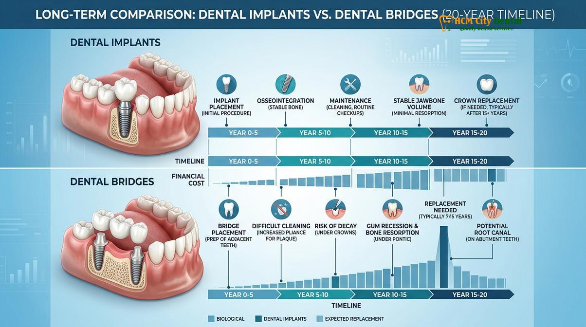Visual description of dental implant vs bridge