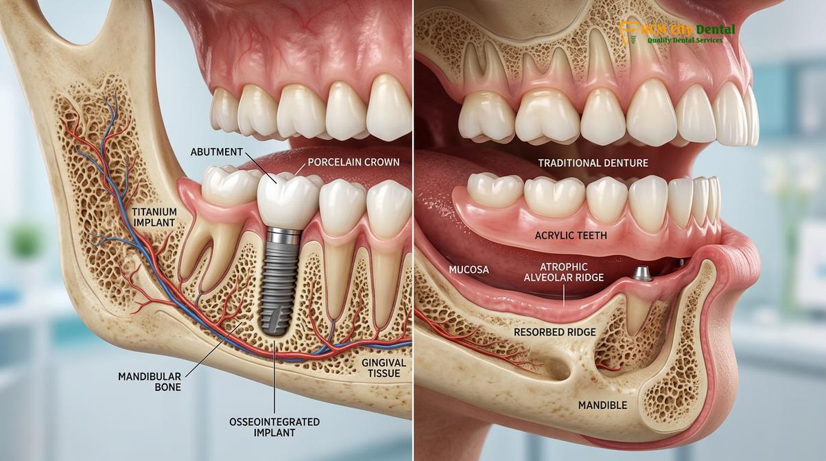 Clinical illustration of dental implants vs dentures