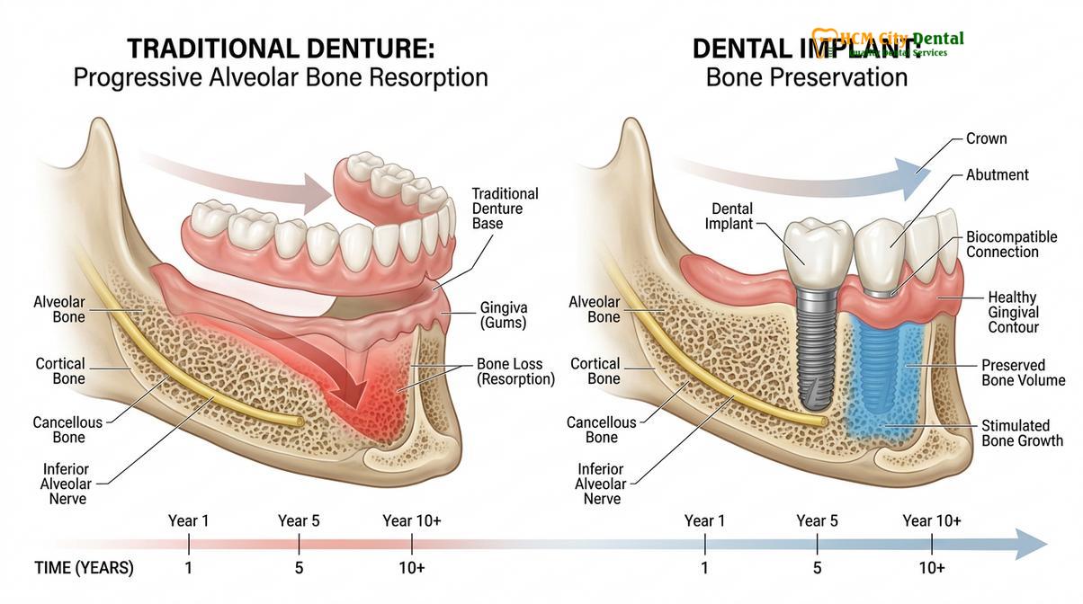 Visual description of dental implants vs dentures