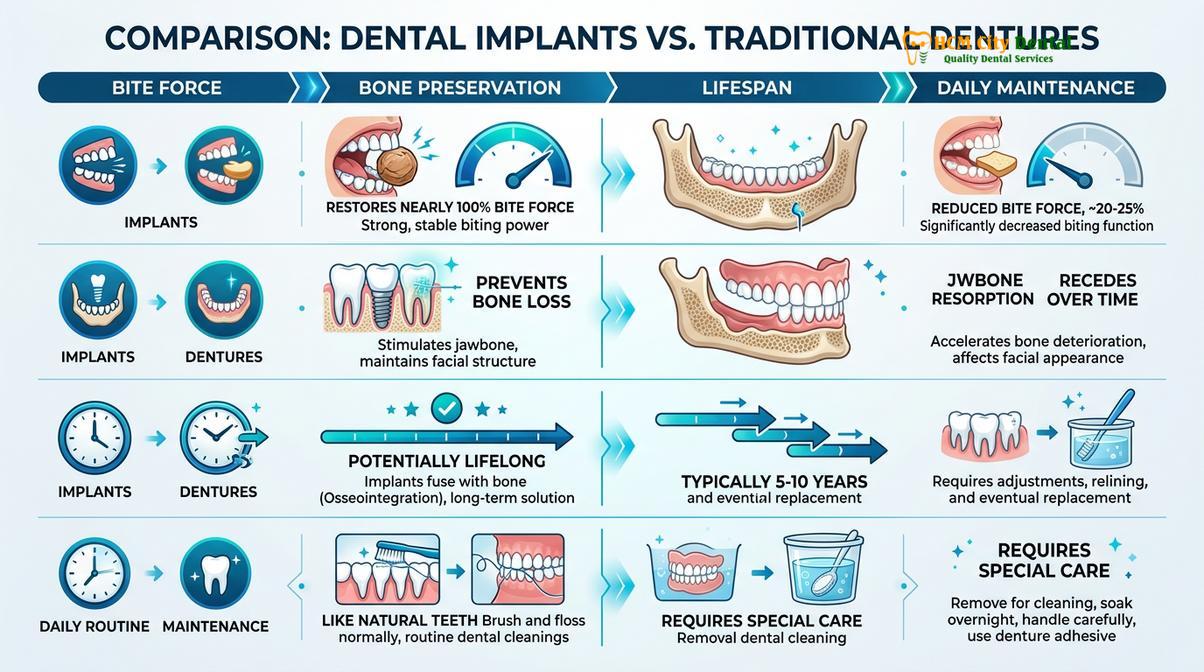 Summary diagram of dental implants vs dentures