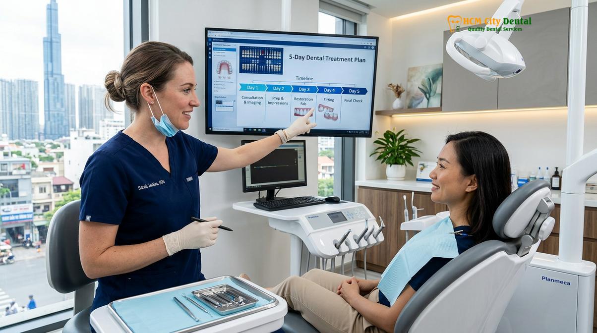 Visual illustration of dental veneers timeline Vietnam stay