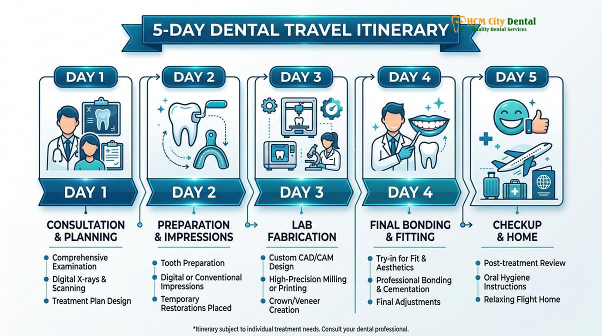 Visual illustration of dental veneers timeline Vietnam stay