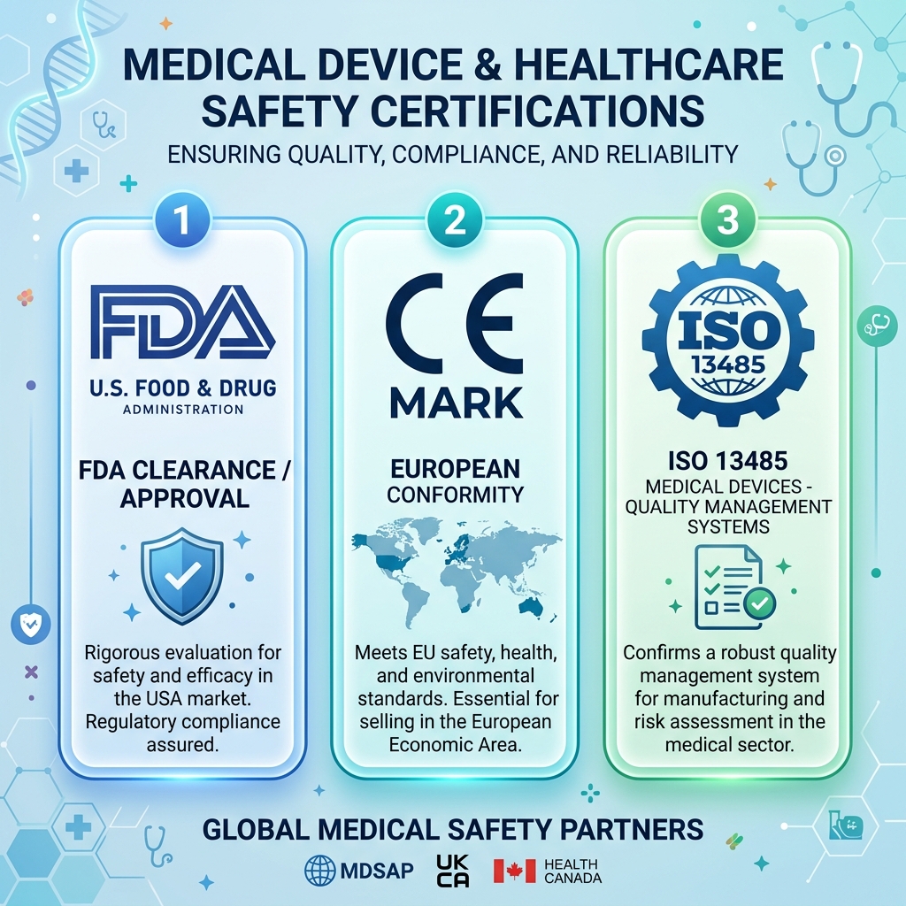 Infographic displaying certificates of quality FDA CE ISO 13485 VOSA