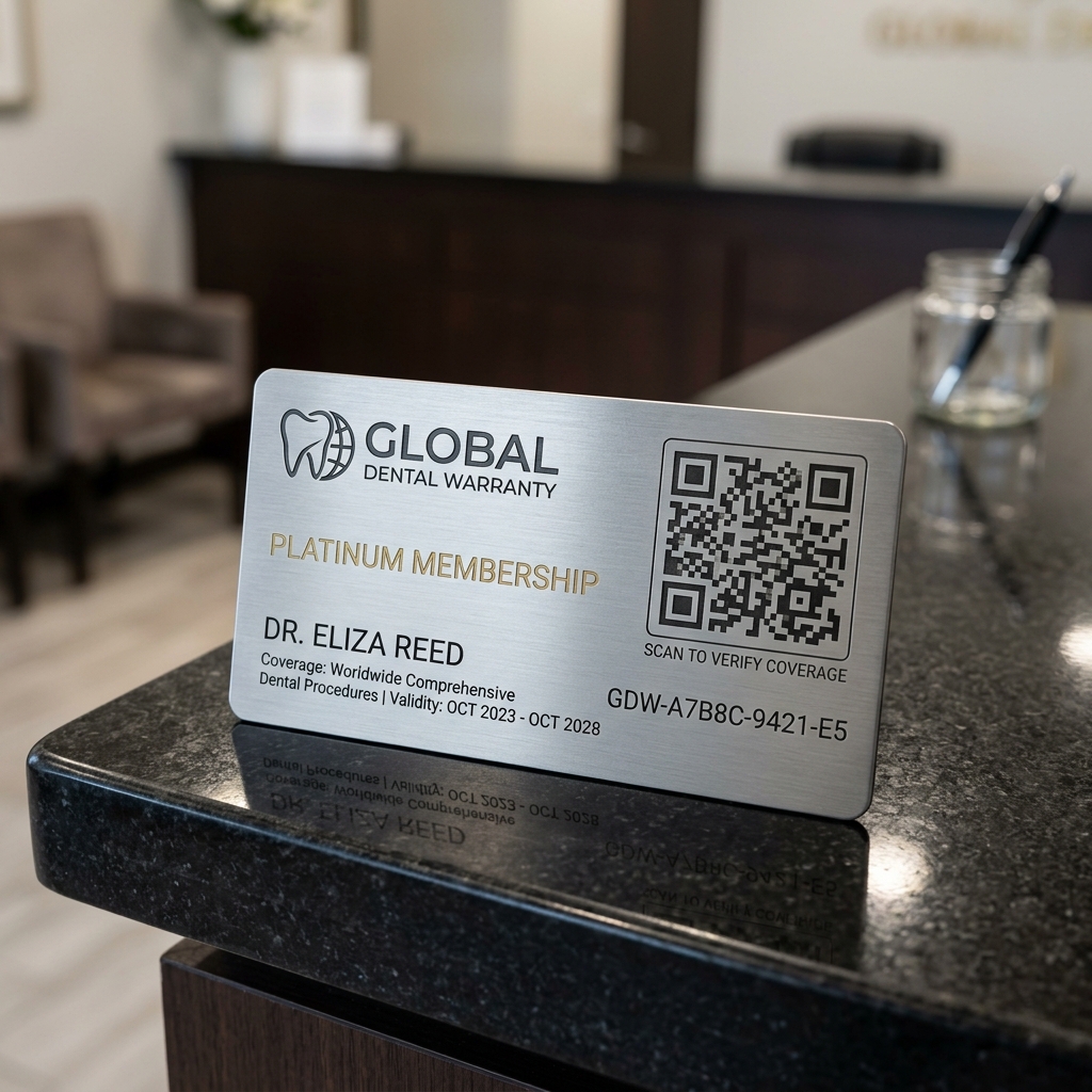 Global Warranty Card held by dentist showing QR code and unique serial number