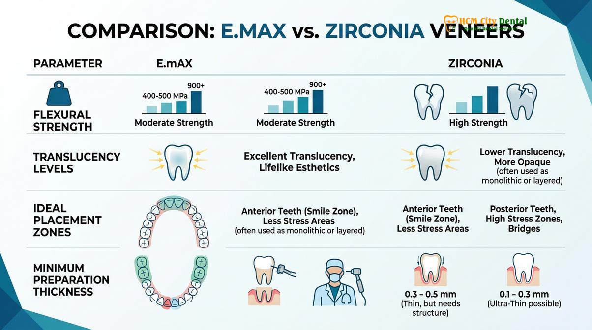 Summary diagram of emax vs zirconia veneers