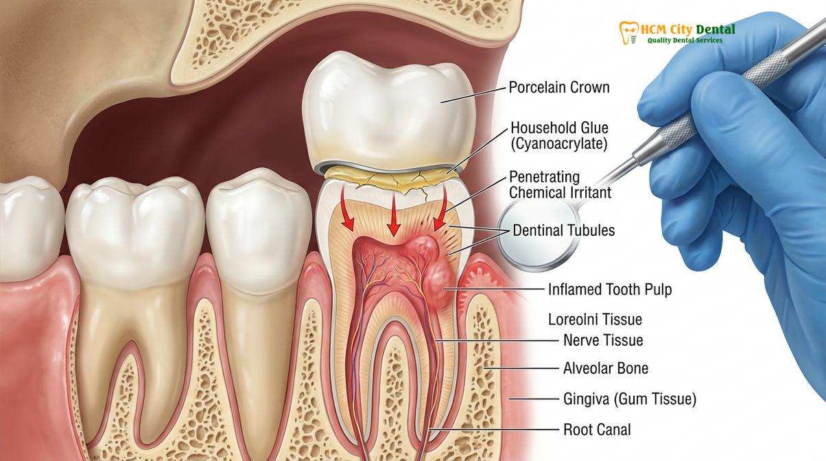 Clinical photography related to emergency loose crown ho chi minh