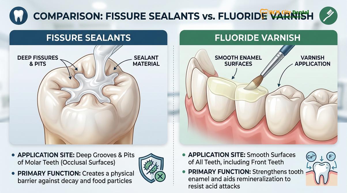 Visual description of fissure sealant vs fluoride varnish