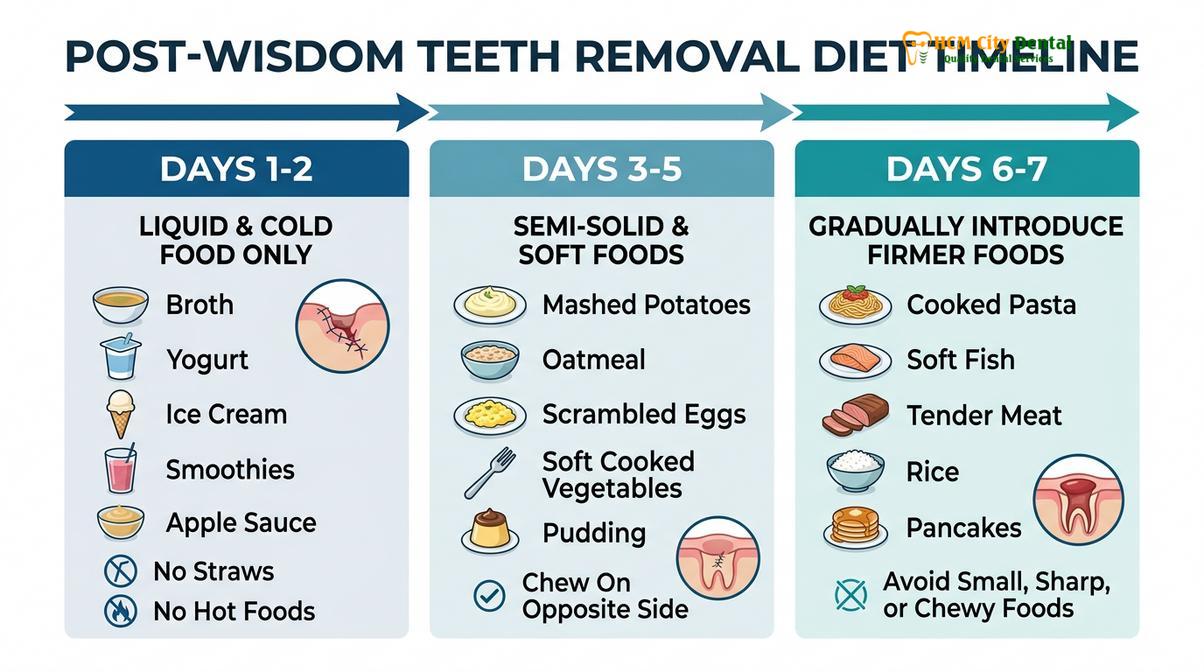 Summary diagram of foods to eat after wisdom teeth removal