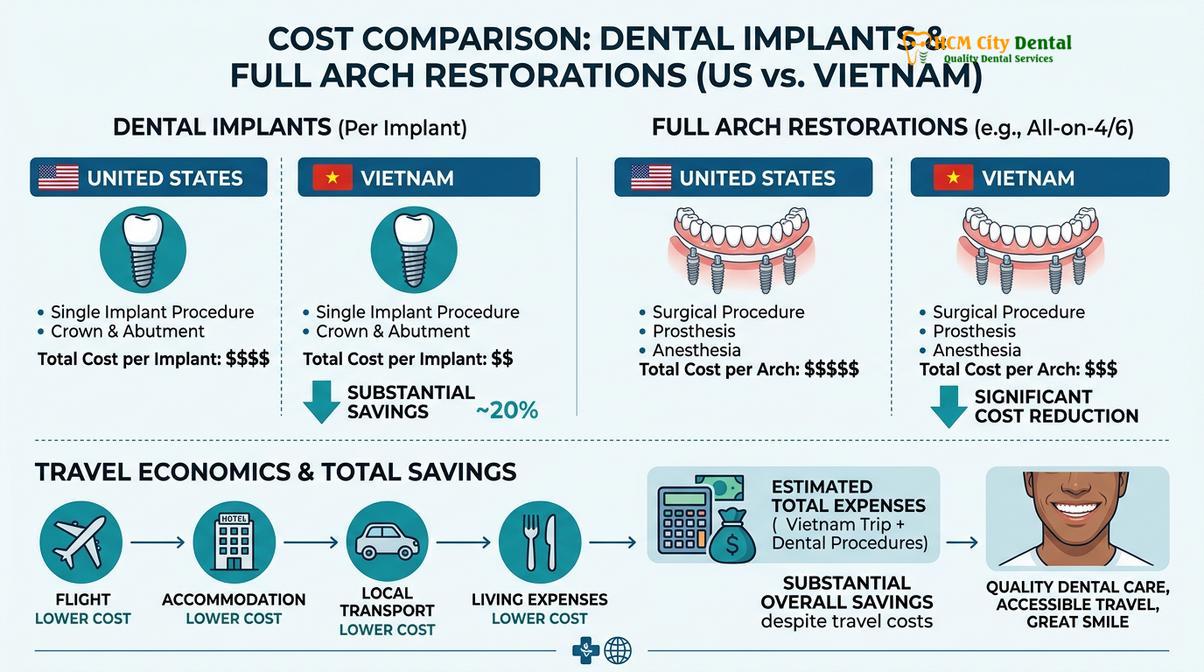 Summary diagram of full mouth reconstruction cost vietnam vs usa