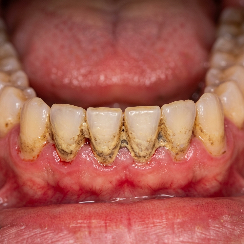 Heavy calculus buildup on the lingual surfaces of lower incisors