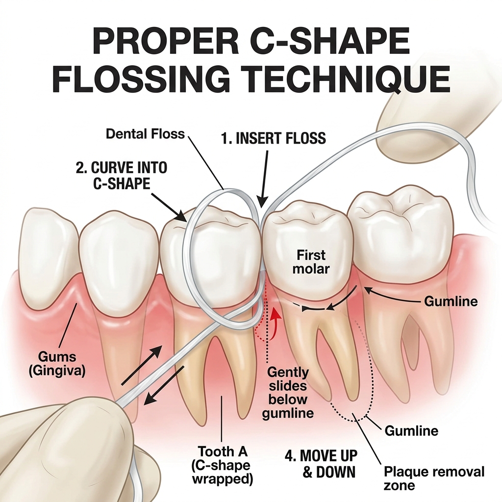 Proper C-shape flossing technique to clean below the gumline