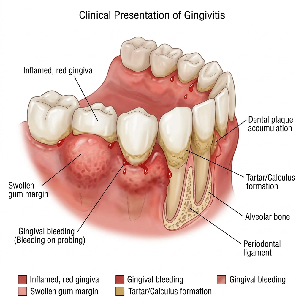 Clinical presentation of gingivitis showing swollen, red, and bleeding gums