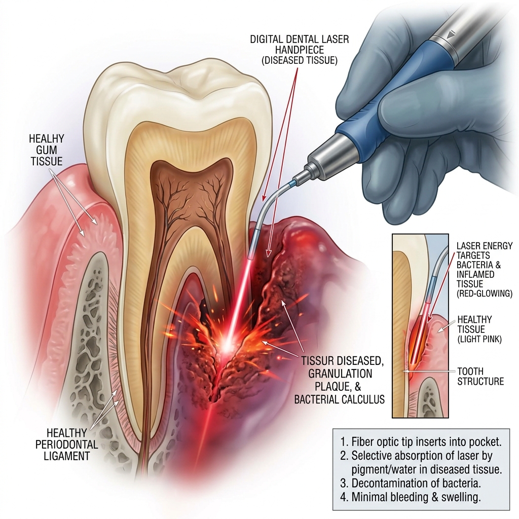 Laser periodontal therapy used to disinfect deep gum pockets