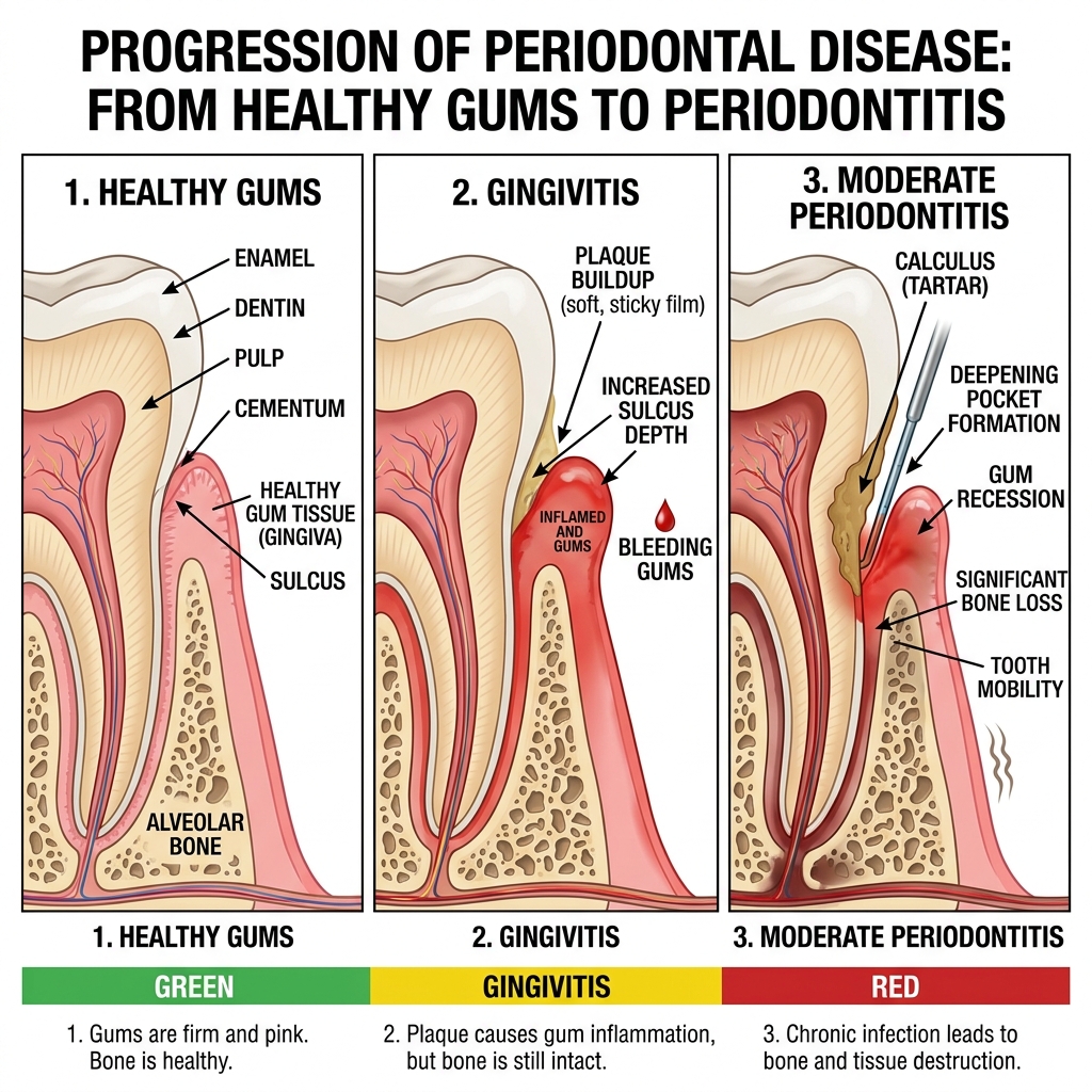 Progression from gingivitis to moderate periodontitis showing pocket formation