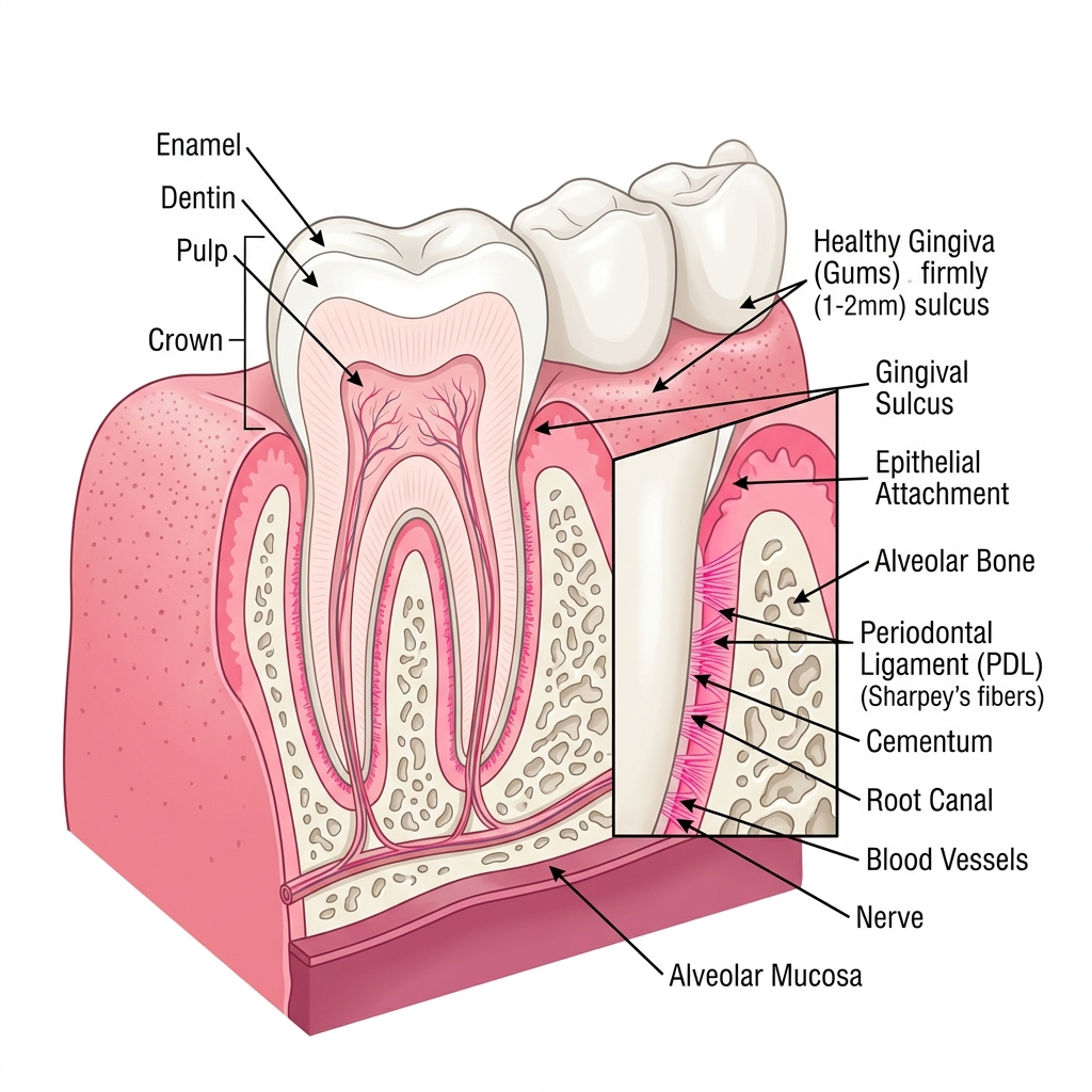 Anatomy of the periodontium showing healthy gums, periodontal ligament, and alveolar bone