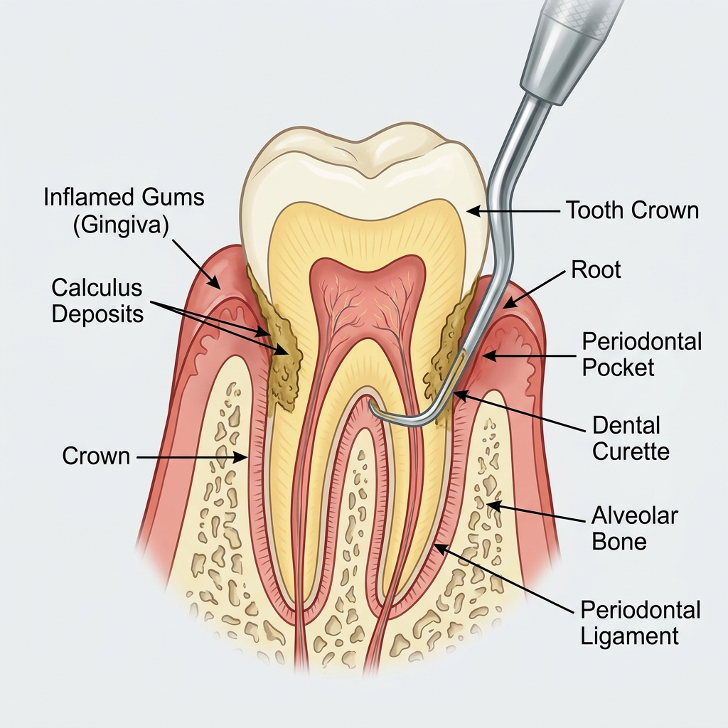 Illustration of scaling and root planing below the gumline