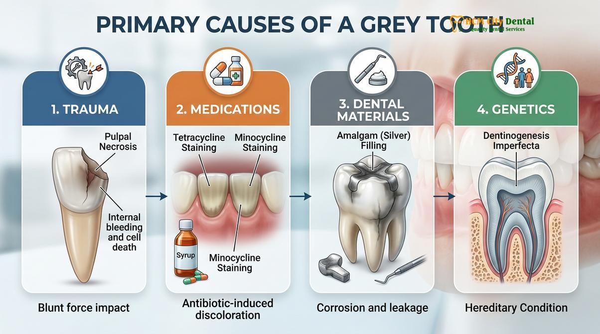 Visual illustration of grey tooth causes