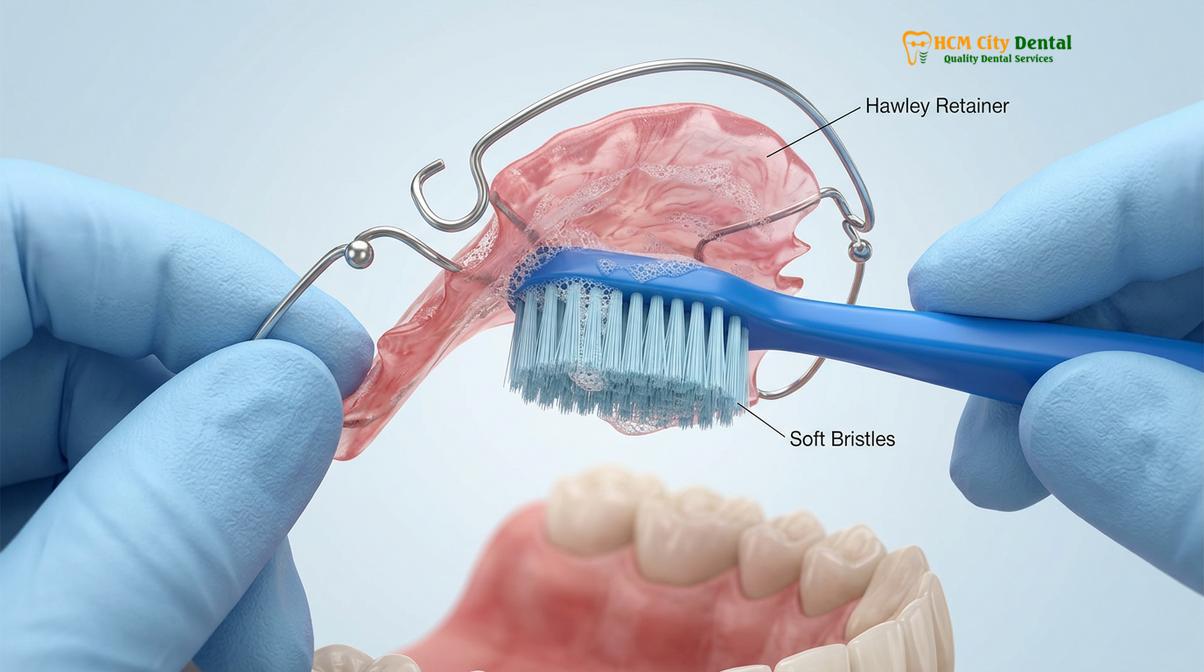 Visual illustration of how to clean Hawley retainer