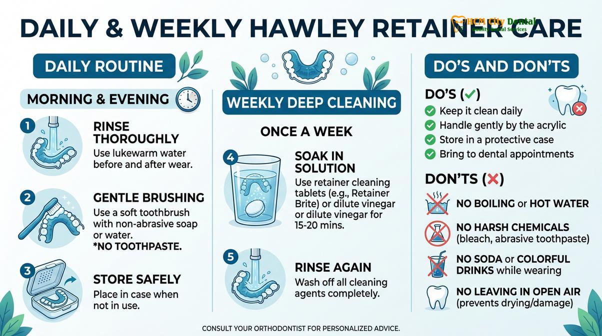 Visual illustration of how to clean Hawley retainer