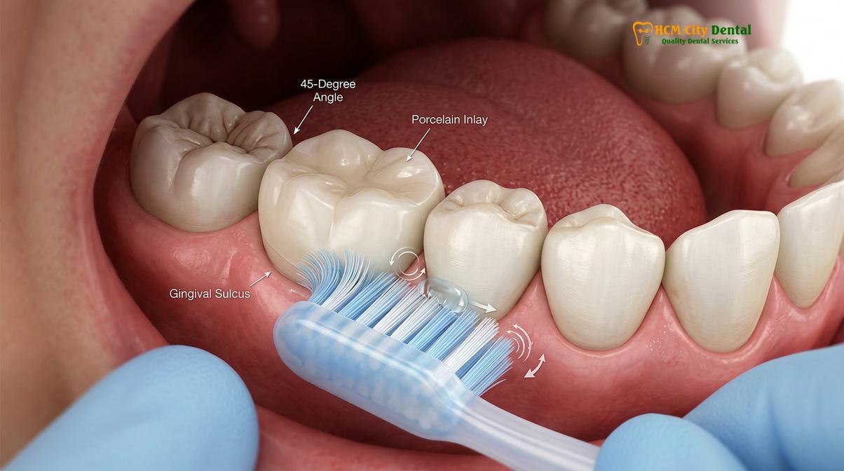 Clinical photography related to how to clean dental onlays
