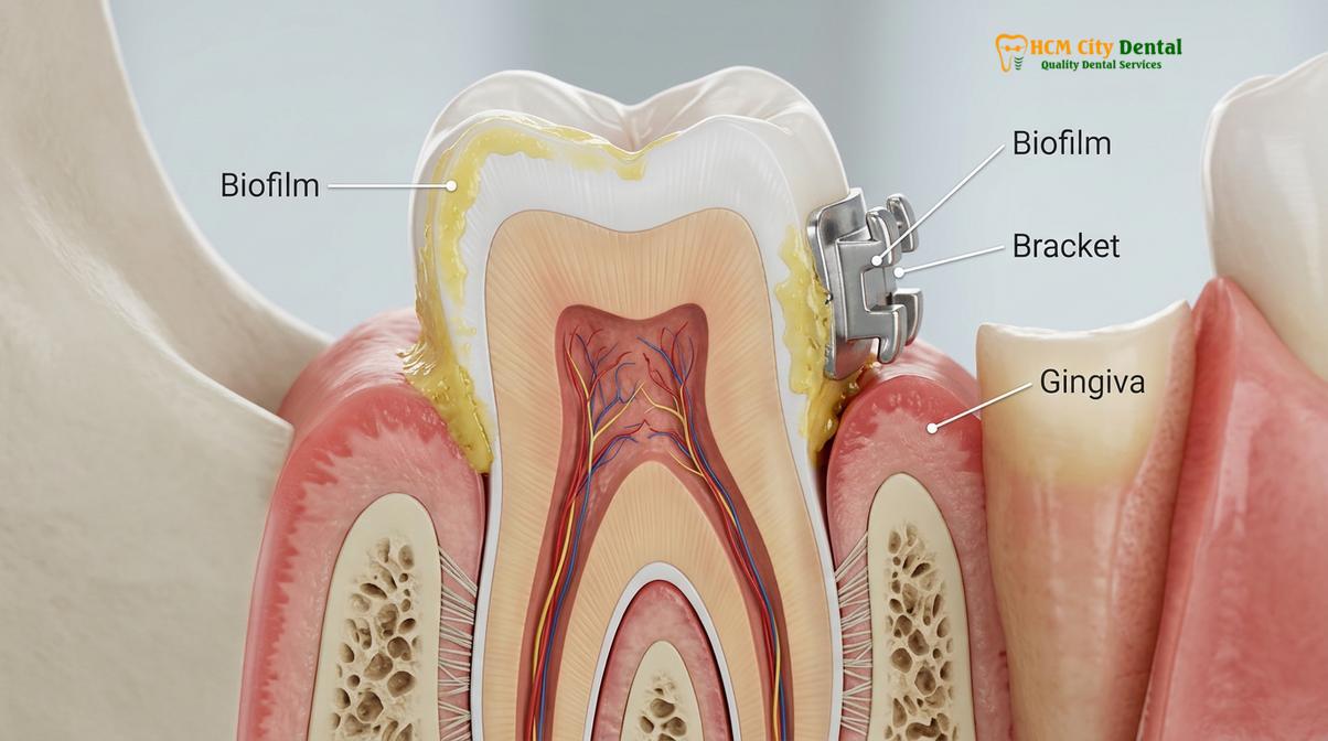 Clinical photography related to clean teeth with braces professional